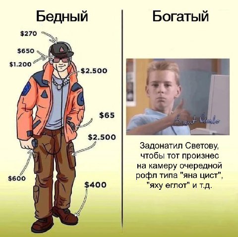 Бедный Богатый $270 $650 >A $2.500 rie $1.200 $65 $2.500 Задонатил Светову, чтобы тот произнес на камеру очередной рофл типа "яна $600 $400 "яху еглот" и