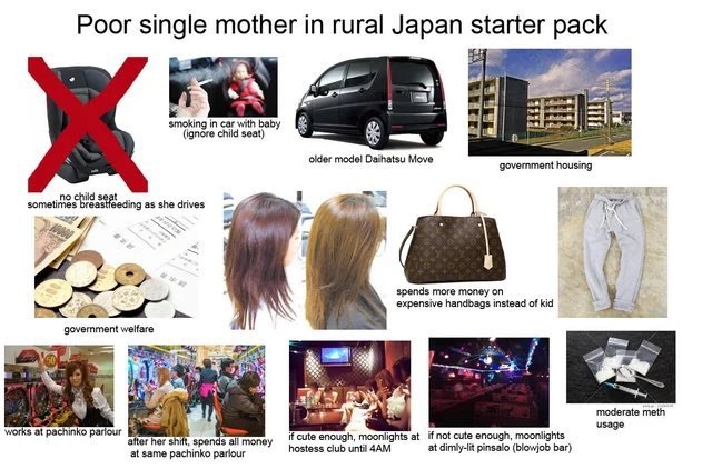 Poor single mother in rural Japan starter pack 59 Я smoking саг Бабу я (ignore child seat) 4 older mode! Daihatsu Move sometimes she drives у 7 spends more money on ive hand i of kid a> expensive hand