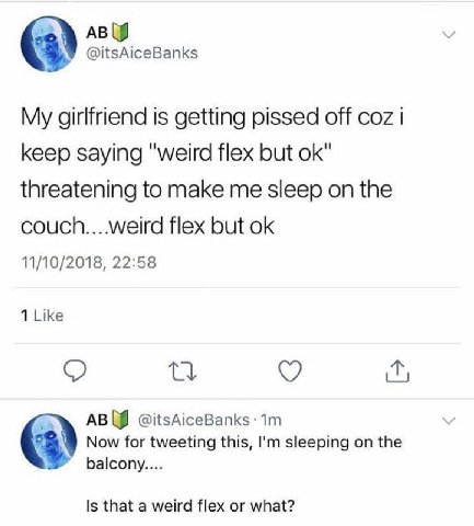 @itsAiceBanks My girlfriend is getting pissed off coz keep saying "weird flex but threatening to make me sleep on the couch....weird flex but 11/10/2018, 22:58 ABW Now for tweeting this, sleeping on t