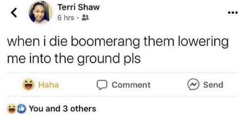 Terri Shaw eee а 6 when i die boomerang them lowering me into the ground pls Comment Send You and 3 others