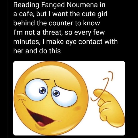 Reading Fanged Noumena a cafe, but want the cute girl behind the counter to know not a threat, so every few minutes, make eye contact with her and this