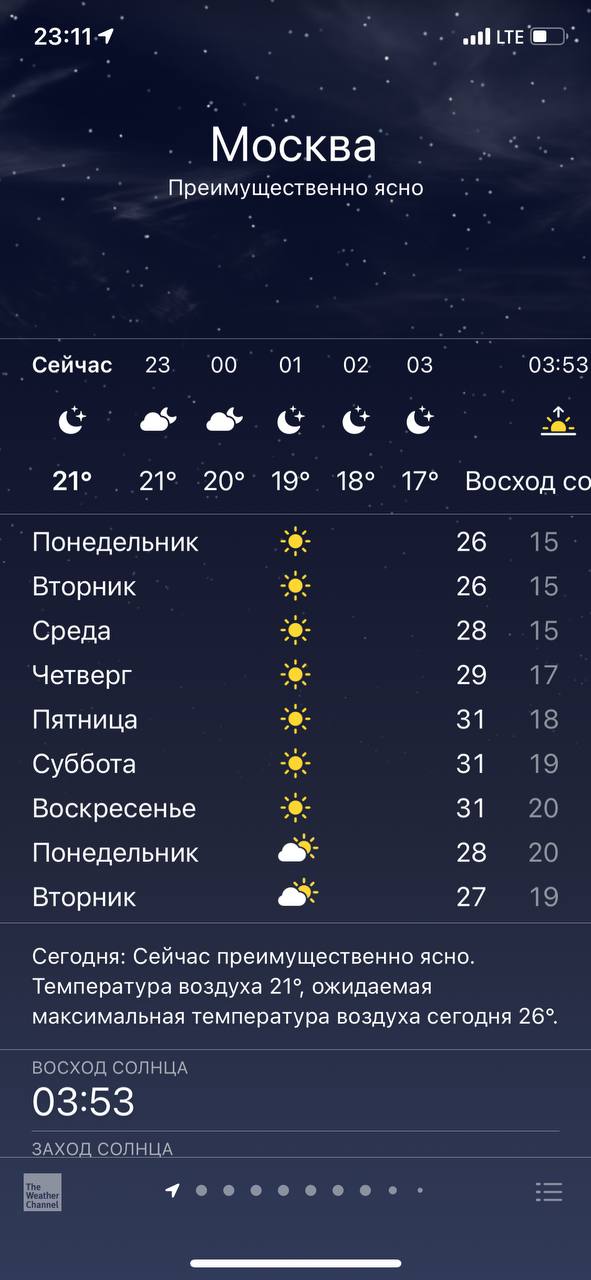 Москва Преимущественно ясно Сейчас 23 00 01 02 03 03:53 21° 21% -20°` 19° 18? .17° Восход Понедельник 26 15 Вторник 26 15 Среда 28 15 Четверг 29 17 Пятница 31 18 Суббота 31 19 Воскресенье 31 20 Понеде