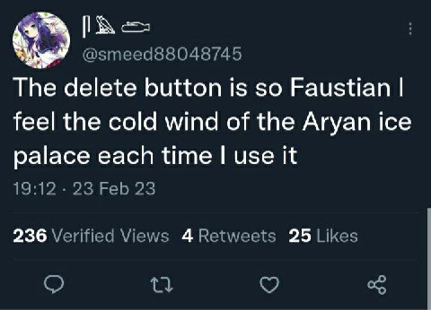 The delete button is so Faustian feel the cold wind of the Aryan ice palace each time use it 19:12. 23 Feb 23 236 Verified Views 4Retweets 25 Likes