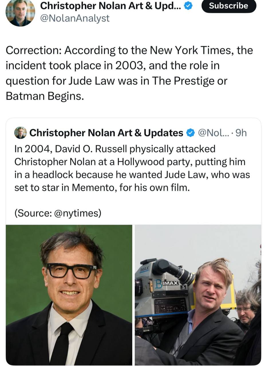 Christopher Nolan Art Upd... @NolanAnalyst Correction: According to the New York Times, the incident took place in 2003, and the role in question for Jude Law was in The Prestige or Batman Begins. Chr