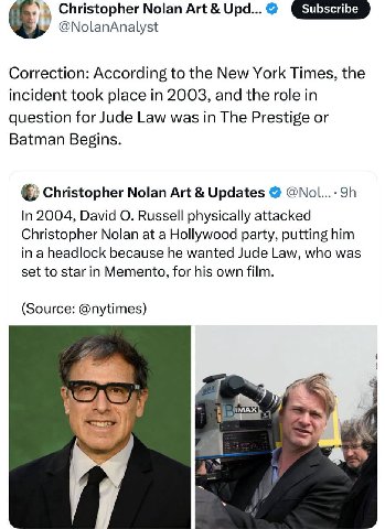 Christopher Nolan Art Upd... @NolanAnalyst Correction: According to the New York Times, the incident took place in 2003, and the role in question for Jude Law was in The Prestige or Batman Begins. Chr