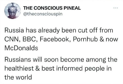 THE CONSCIOUS PINEAL @theconsciouspin Russia has already been cut off from CNN, BBC, Facebook, Pornhub now McDonalds Russians will soon become among the healthiest best informed people in the world