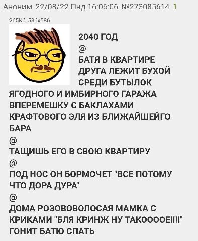Аноним 22/08/22 Пнд 16:06:06 №273085614 1 2040 ГОД БАТЯ В КВАРТИРЕ ДРУГА ЛЕЖИТ БУХОЙ СРЕДИ БУТЫЛОК ЯГОДНОГО И ИМБИРНОГО ГАРАЖА ВПЕРЕМЕШКУ С БАКЛАХАМИ КРАФТОВОГО ЭЛЯ ИЗ БЛИЖАЙШЕЙГО БАРА ТАЩИШЬ ЕГО В СВ