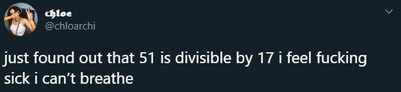 just found out that 51 15 divisible 17 ее! fucking sick can’t breathe