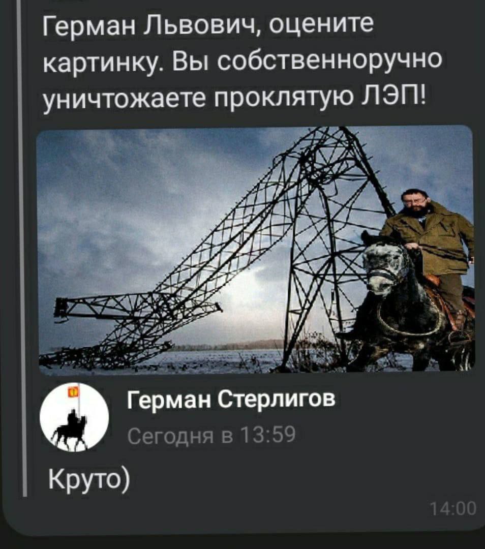Герман Львович, оцените картинку. Вы собственноручно уничтожаете проклятую ЛЭП! A К Герман Стерлигов Сегодня в 13:59 Круто)
