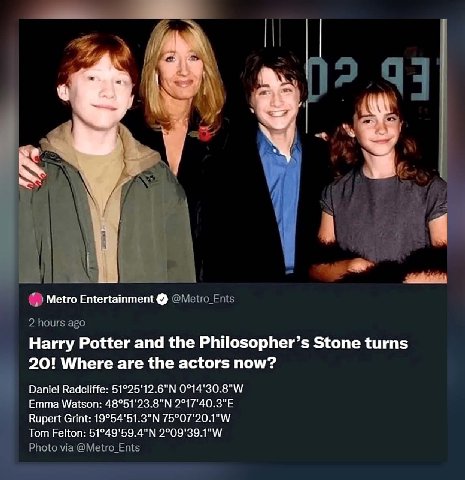 А 6: AN у у к. Metro Entertainment @Metro_Ents 2 hours ago Harry Potter and the Philosopher’s Stone turns 20! Where are the actors now? Daniel Radcliffe: Emma Watson: Rupert Grint: Tom Felton: Photo v