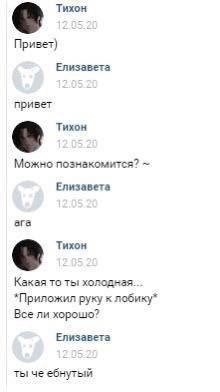 Тихон Привет) Елизавета привет Тихон Можно познакомится? Елизавета ага Тихон Какая TO *Приложил руку к лобику* Всели Елизавета ты че ебнутый