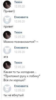 Тихон Привет) Елизавета привет Тихон Можно познакомится? Елизавета ага Тихон Какая TO *Приложил руку к лобику* Всели Елизавета ты че ебнутый