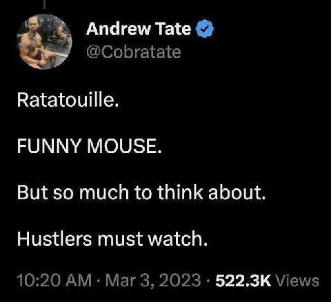 Andrew Tate @Cobratate Ratatouille. FUNNY MOUSE. But so much to think about. Hustlers must watch. 10:20 Mar 3, 2023 Views