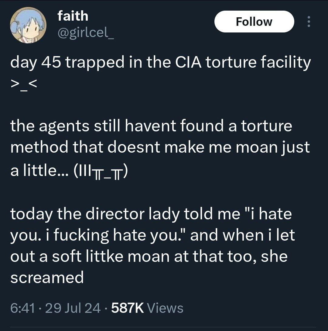 faith day 45 trapped in the CIA torture facility the agents still havent found a torture method that doesnt make me moan just a little... today the director lady told me "i hate you. i fucking hate yo