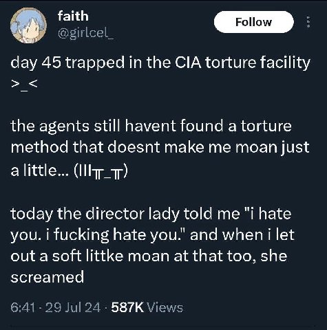 faith day 45 trapped in the CIA torture facility the agents still havent found a torture method that doesnt make me moan just a little... today the director lady told me "i hate you. i fucking hate yo