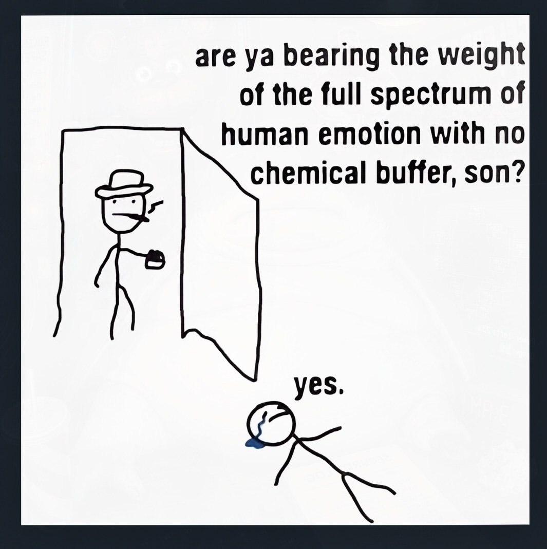 are bearing the weight of the full spectrum of human emotion with no chemical buffer, son? yes.