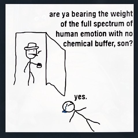 are bearing the weight of the full spectrum of human emotion with no chemical buffer, son? yes.