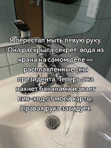 Я-перестал мыть левую руку Она раскрыла секрет: вода из крана на самом деле расплавленные сны ‘президента. `Теперь она me хнет ‘бананами изн КОД моей карты. Правая рука: завидует.