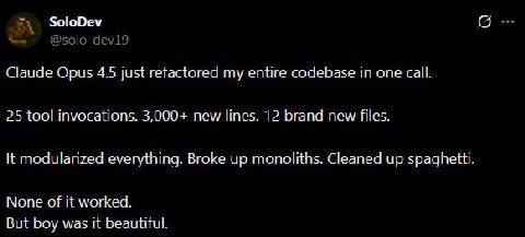 SoloDev Claude Opus 4.5 just refactored my entire codebase in one сай. 25 tool invocations. 3,000+ new lines. 12 brand new files. К modularized everything. Broke up monoliths. Cleaned up spaghetti. No