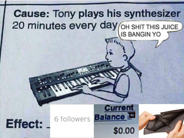 Cause: Tony plays his synthesizer 20 minutes every HIT BANGIN i) Effect: $0.00