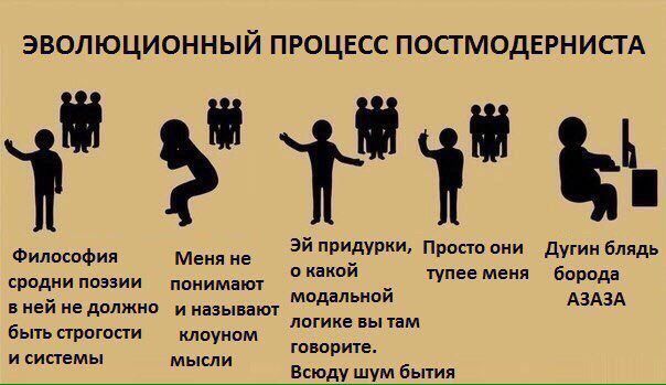 ЭВОЛЮЦИОННЫЙ ПРОЦЕСС ПОСТМОДЕРНИСТА 4" Философия Меня не придурки, Просто они Дугин блядь о какой тупее меня борода сродни поэзии понимают в ней не должно и называют модальной АЗАЗА логике вы там быть