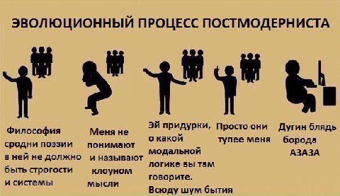 ЭВОЛЮЦИОННЫЙ ПРОЦЕСС ПОСТМОДЕРНИСТА 4" Философия Меня не придурки, Просто они Дугин блядь о какой тупее меня борода сродни поэзии понимают в ней не должно и называют модальной АЗАЗА логике вы там быть