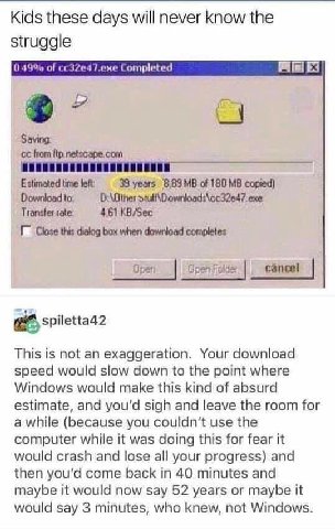 Kids these days will never know the struggle 049% of cc32e47.exe Completed Fils! i Saving: Нот Itp.netscape.com Estimated time left 39 years 8,89 of 180 Download to; exe tate: 4.61 KB/Sec Close thie d