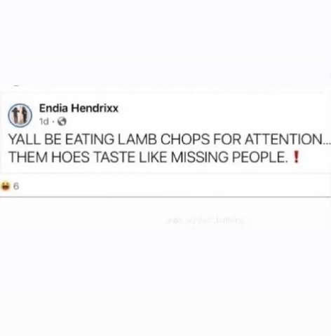 Endia Hendrixx YALL BE EATING LAMB CHOPS FOR ATTENTION... THEM HOES TASTE LIKE MISSING PEOPLE.