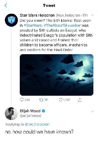 Tweet Star Wars Holocron Did you know? The Sith Eternal fleet seen in #StarWars: #TheRiseofSkywalker was created Sith cultists on Exegol, who indoctrinated population with Sith values and raised and t