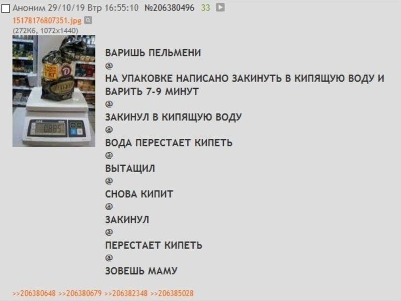 29/10/19 Втр 16:55:10 №206380496 33 [а ПЕЛЬМЕНИ НА УПАКОВКЕ НАПИСАНО ЗАКИНУТЬ В КИПЯЩУЮ ВОДУ И ВАРИТЬ 7-9 МИНУТ ЗАКИНУЛ В КИПЯЩУЮ ВОДУ ВОДА NEPECTAET КИПЕТЬ ВЫТАЩИЛ СНОВА КИПИТ ЗАКИНУЛ ПЕРЕСТАЕТ КИПЕТ
