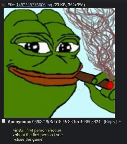File: 1497319776806 jpg (23 С A. Anonymous 03/03/18(Sat)18:45:38 №.408603634 [Reply] >install first person shooter >shoot the first person i see >close the game
