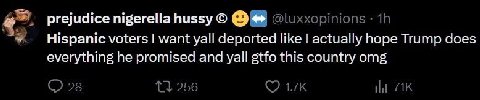 prejudice nigerella hussy @luxxopinions Hispanic voters want yall deported like actually hope Trump does everything he promised and yall gtfo this country omg 28 256 НИ 71К