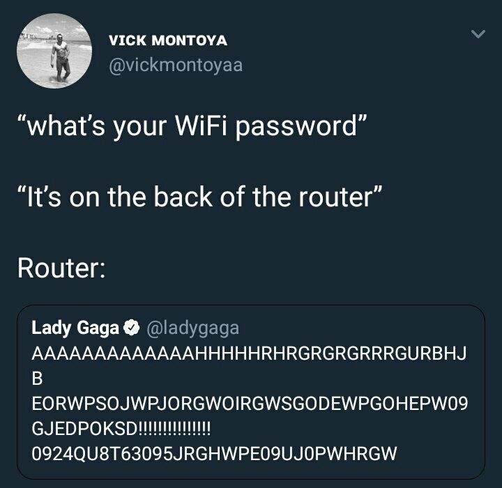 VICK MONTOYA @vickmontoyaa “what's your WiFi password” “It’s on the back of the router” Router: Lady Gaga @ladygaga AAAAAAAAAAAAAHHHHHRHRGRGRGRRRGURBHJ EORWPSOJWPJORGWOIRGWSGODEWPGOHEPWO9
