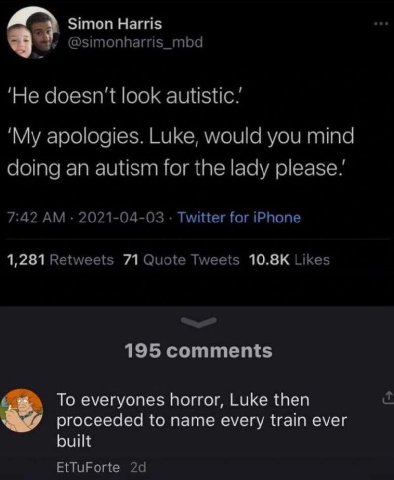 Simon Harris у @simonharris_mbd ‘He doesn't look autistic: ‘My apologies. Luke, would you mind doing an autism for the lady 7:42 2021-04-03 Twitter for iPhone 1,281 Retweets 71 Quote Tweets Likes 195 