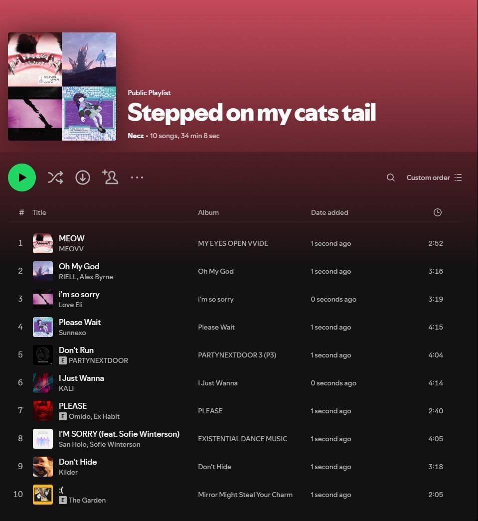 У 6 а A\ Necz 10 songs, 34 О Customorder хоз. Title Album Date added MEOW MY EYES OPEN VVIDE ago 2:52 MEOVV My God 3:16) 2 RIELL, Alex Byrne OhMy God ago i'msosorry 3 Love Eli Oseconds ago 3:19 Please