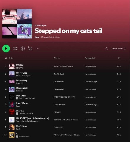 У 6 а A\ Necz 10 songs, 34 О Customorder хоз. Title Album Date added MEOW MY EYES OPEN VVIDE ago 2:52 MEOVV My God 3:16) 2 RIELL, Alex Byrne OhMy God ago i'msosorry 3 Love Eli Oseconds ago 3:19 Please
