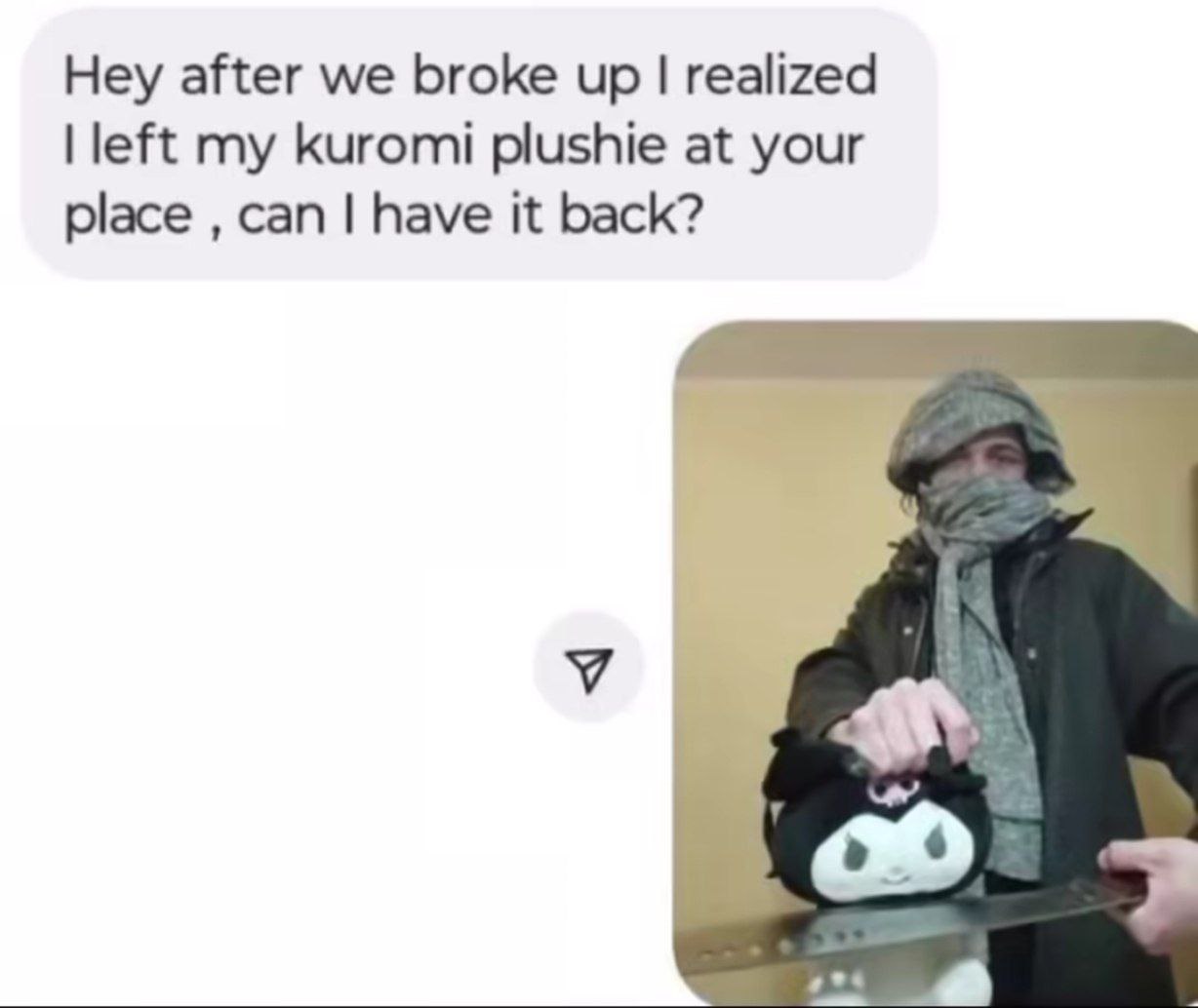 Hey after we broke up realized left my kuromi plushie at your place can have it back?