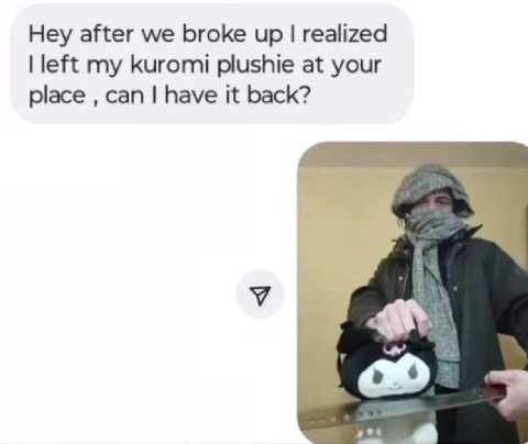 Hey after we broke up realized left my kuromi plushie at your place can have it back?