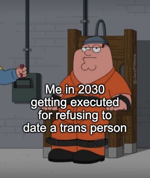 Me in 2030 getting executed for refusing to date a trans person
