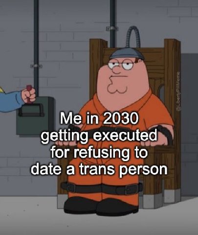 Me in 2030 getting executed for refusing to date a trans person