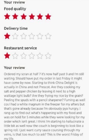 Your review Food quality Delivery time Restaurant service Your review Ordered my scran at half 7 it's now half past 9 and still waiting. Should have put my order in last Friday it might have come now.
