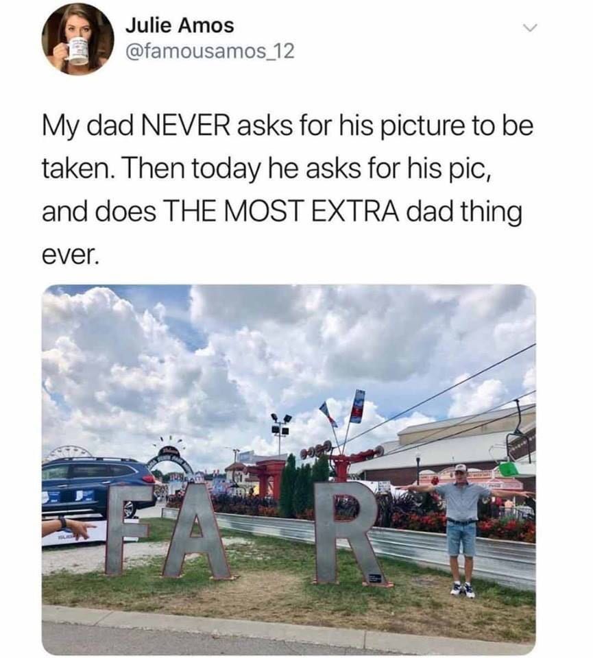 Julie Amos 3 @famousamos 12 My dad NEVER asks for his picture to be taken. Then today he asks for his pic, and does THE MOST EXTRA dad thing ever. rat