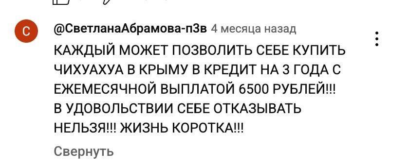 4 месяца назад КАЖДЫЙ МОЖЕТ ПОЗВОЛИТЬ СЕБЕ КУПИТЬ ЧИХУАХУА В КРЫМУ В КРЕДИТ 3 ГОДА С ЕЖЕМЕСЯЧНОЙ ВЫПЛАТОЙ 6500 РУБЛЕЙ!! В УДОВОЛЬСТВИИ СЕБЕ ОТКАЗЫВАТЬ НЕЛЬЗЯ!!! ЖИЗНЬ КОРОТКА!! Свернуть