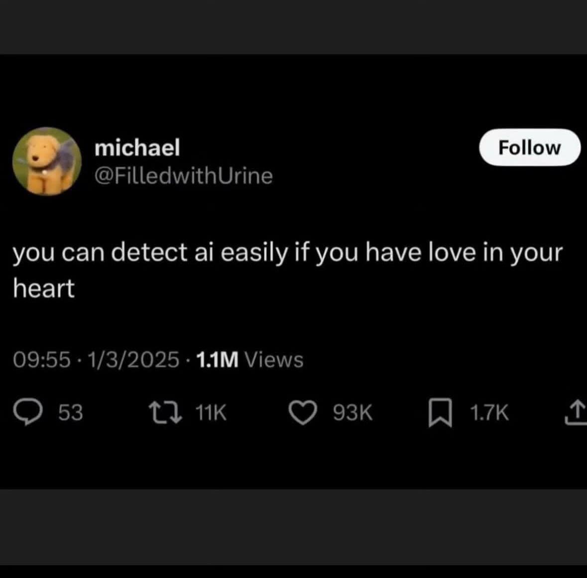 michael @FilledwithUrine you can detect easily if you have love in your heart 09:55 1/3/2025 Views 53 13 эзк
