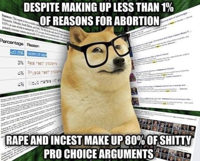 DESPITE MAKING UP LESS THAN 1% OF REASONS FOR ABORTION 6 on Vict a= RAPE AND INCEST MAKE UP 80% OF.SHITTY a PRO CHOICE ARGUMENTS