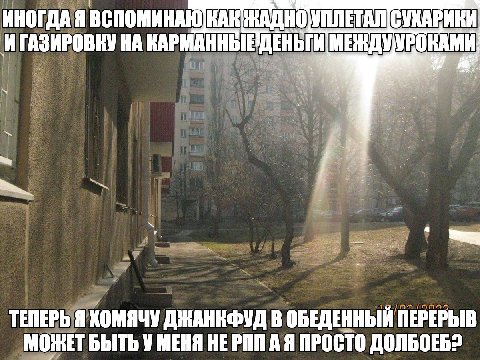 ИНОГДА Я УПЛЕТАЛ СУХАРИКИ: ИГАЗИРОВКУ НА КАРМАННЫЕ ТЕПЕРЬ Я ХОМЯЧУ ДЖАНКФУД В ОБЕДЕННЫЙ ПЕРЕРЫВ МОЖЕТ БЫТЬ У МЕНЯ HE ПРОСТО