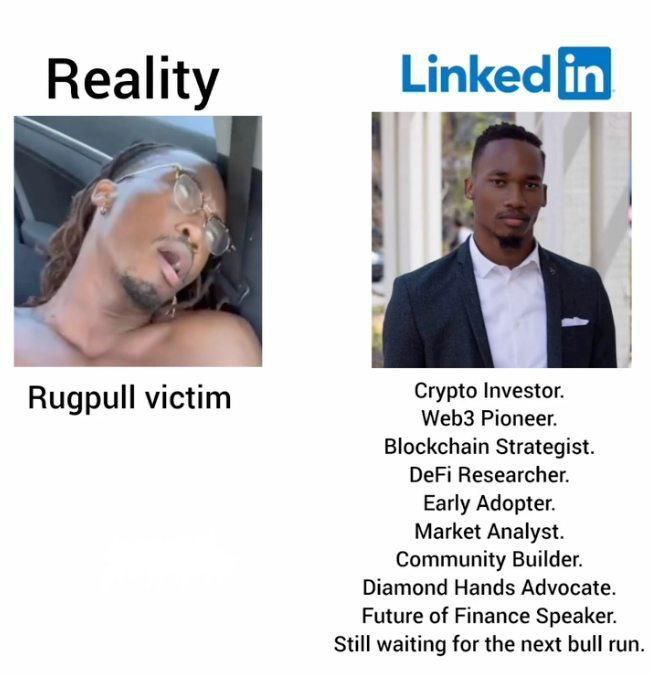 Reality Linked Crypto Investor. Rugpull victim Web3 Pioneer. Blockchain Strategist. DeFi Researcher. Early Adopter. Market Analyst. Community Builder. Diamond Hands Advocate. Future of Finance Speaker
