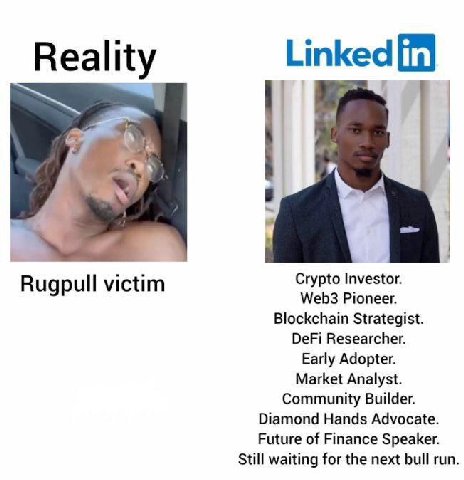 Reality Linked Crypto Investor. Rugpull victim Web3 Pioneer. Blockchain Strategist. DeFi Researcher. Early Adopter. Market Analyst. Community Builder. Diamond Hands Advocate. Future of Finance Speaker