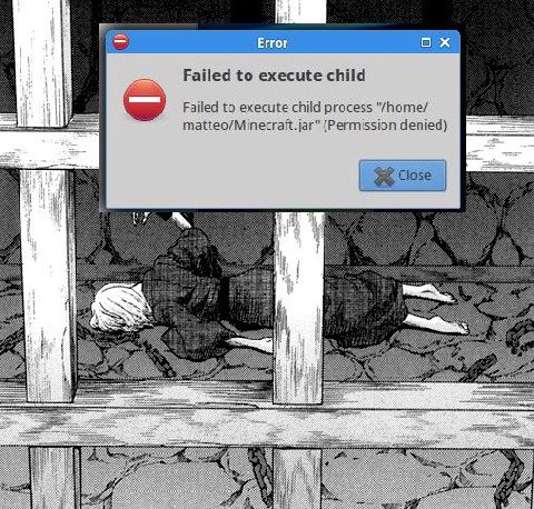 Failed to execute child Failed to execute child process "/home/ matteo/Minecraft.jar” (Permission denied) Close