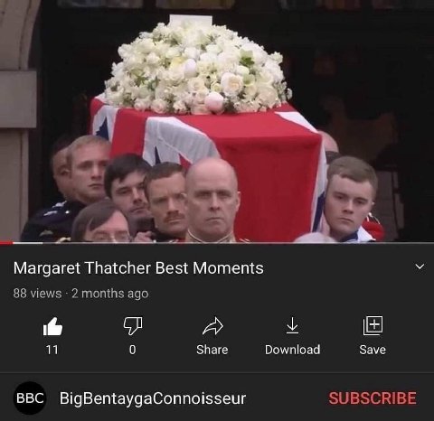 Margaret Thatcher Best Moments 88 views 2 months ago У 11 0 Share Download Save SUBSCRIBE BBC BigBentaygaConnoisseur